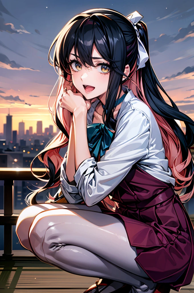 masterpiece, best quality, highres, hmngnm, Naganami \(kancolle\),  beautiful detailed hair, beautiful detailed face, beautiful detailed eyes, beautiful clavicle, beautiful body, beautiful chest, beautiful thigh, beautiful legs, beautiful fingers, looking at viewer, 1 girl, japanese, high school girl, perfect face, (perfect anatomy, anatomically correct), cute and symmetrical face, babyface, , shiny skin, (long hair:1.7, ponytail:1.6, silver hair), hair between eyes, dark red eyes, long eye lasher, (medium breasts), slender, , (beautiful scenery), evening, (park, cityscape in the distance), squatting, , (lovely smile, upper eyes, open mouth),
multicolored hair, white hairband, white jacket, purple dress, , grey pantyhose, aqua bowtie, long sleeves, cowboy shot, choker