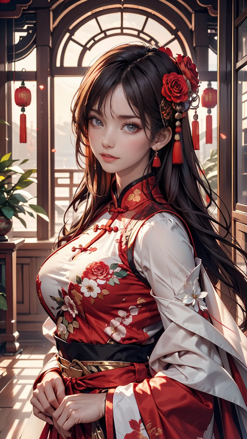 One girl,Upper Body,Fashionable Girl,China dress,Chinese clothing,Hair Flower,(masterpiece:1.4),(Highest quality:1.4),(Glowing Skin),Red lips,View your viewers,Large Breasts,Lips parted