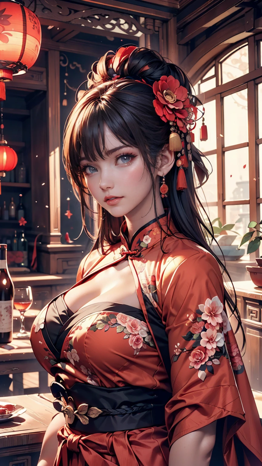 One girl,Upper Body,Fashionable Girl,China dress,Chinese clothing,Hair Flower,(masterpiece:1.4),(Highest quality:1.4),(Glowing Skin),Red lips,View your viewers,Large Breasts,Lips parted