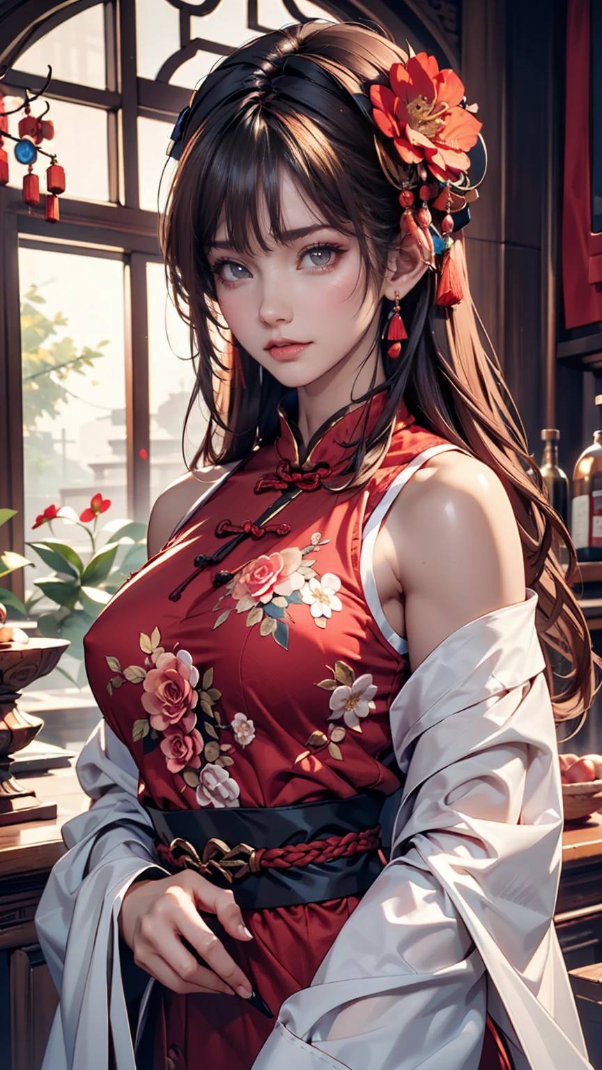 One girl,Upper Body,Fashionable Girl,China dress,Chinese clothing,Hair Flower,(masterpiece:1.4),(Highest quality:1.4),(Glowing Skin),Red lips,View your viewers,Large Breasts,Lips parted