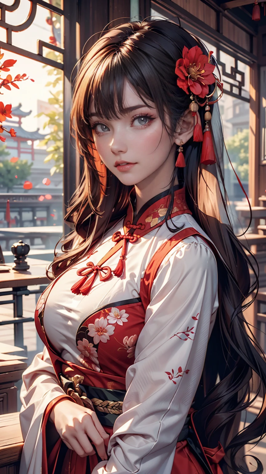 One girl,Upper Body,Fashionable Girl,China dress,Chinese clothing,Hair Flower,(masterpiece:1.4),(Highest quality:1.4),(Glowing Skin),Red lips,View your viewers,Large Breasts,Lips parted