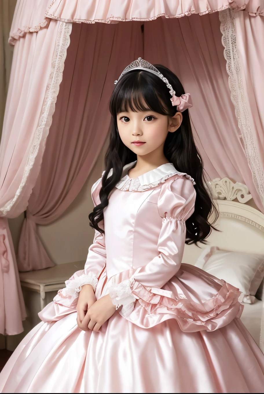 highest quality, masterpiece, highest resolution, artwork, super それにget used to it, many get used to it, get used to it, それにget used to it, 3k realistic pictures,,(( girls)),Ultra-detailed juvenile face,ultra-detailed beautiful little girls,girlsrincess,full length ball gown dress with hoop skirt,ruffled yoke collar,puff sleeves,long sleeve,((Lolita style light pink detailed princess satin dress with lots of ruffles and ribbons)),Rococo style lolita fashion,shiny satin dress,Soft and smooth fabric,detailed princess dress,luxury,long black hair,dark eyes,white skin Japanese,Pajama,((in the bedroom of the palace)),luxury princess canopy king size pink bed,shiny satin sheets,ultra-detailed princess bed,High-quality background,lot of frilled pillows,on the bed,
