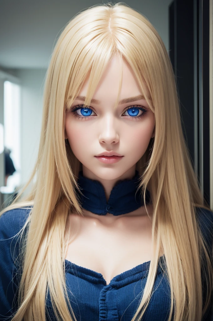 create a blonde woman with blue eyes and more eyes mirrored across the body