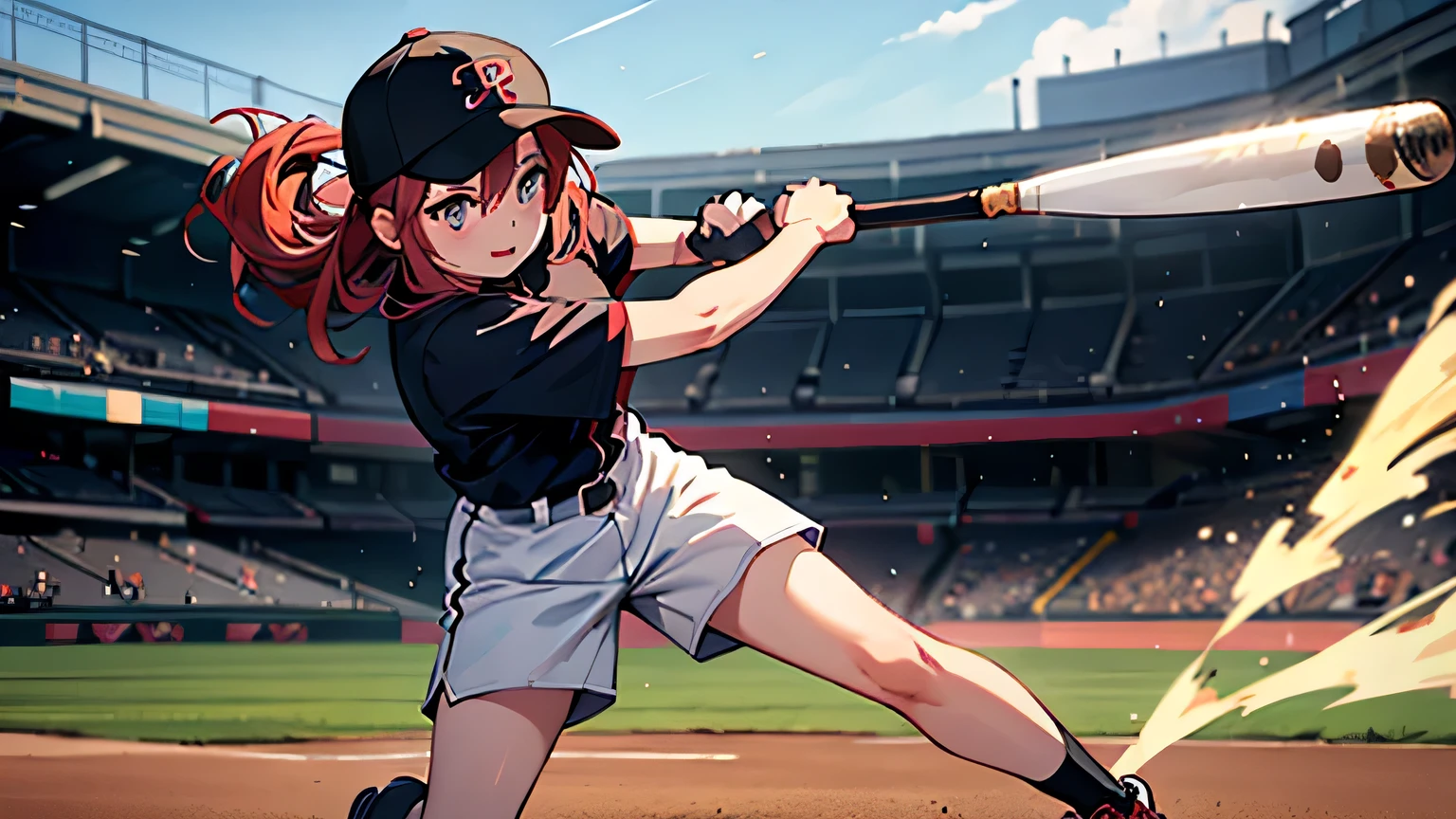 1 girl playing baseball, Wearing a baseball cap,from side,full body,
play baseball, have baseball bat, (swing baseball bat,:1.1) ,wear baseball uniform,
wear baseball hat, standing, baseball Ground, baseball glove,
dynamic effects, motion effects, dynamic hair,
in Baseball ground, 
masterpiece, best quality, extremely detailed, (gainax:1.3),
crisp image, sharp image, clear image, vivid image,
(finely detailed face, finely detailed eyes), (finely detailed hair),
highly detailed background,