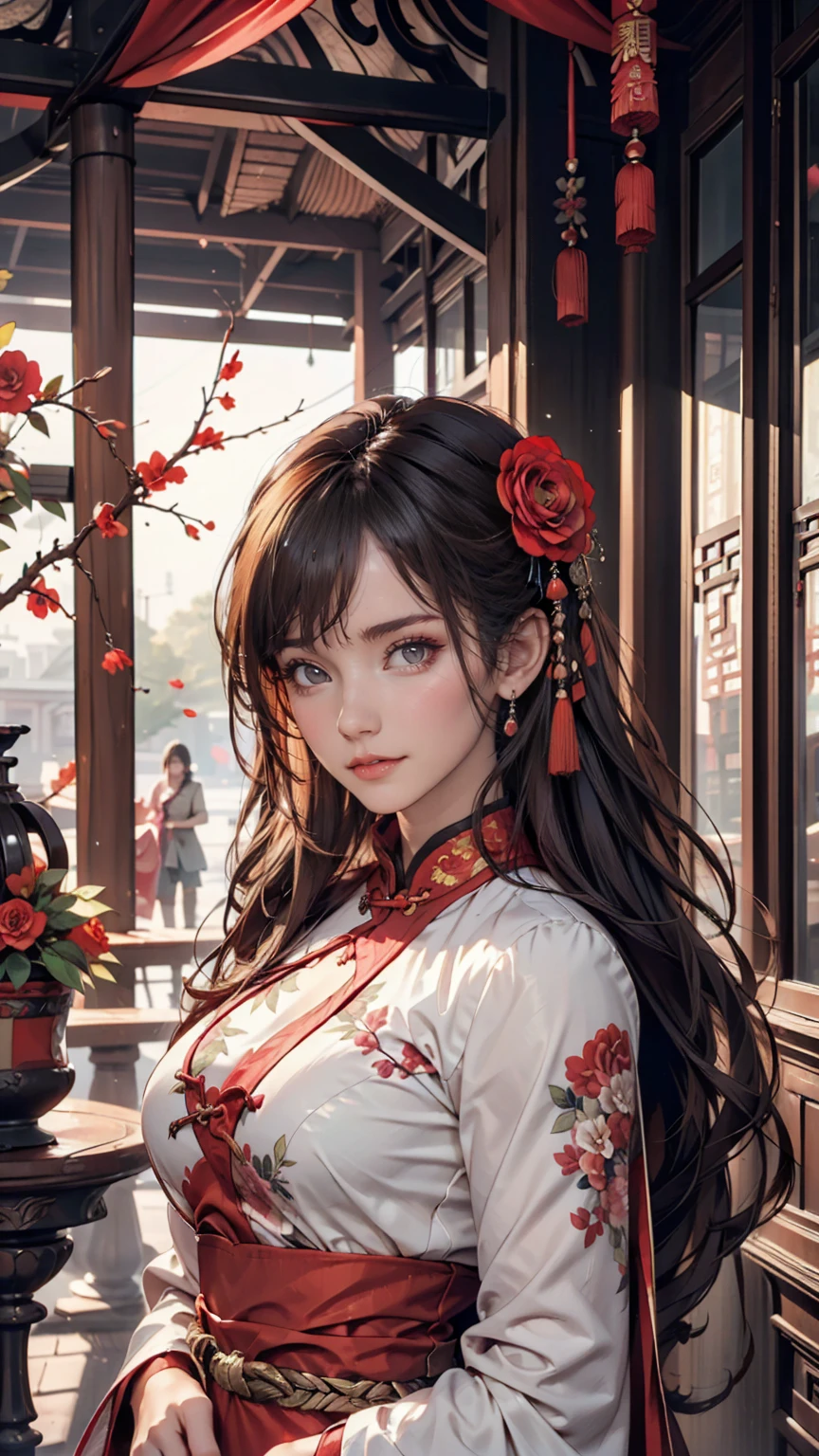 One girl,Upper Body,Fashionable Girl,China dress,Chinese clothing,Hair Flower,(masterpiece:1.4),(Highest quality:1.4),(Glowing Skin),Red lips,View your viewers,Large Breasts,Lips parted