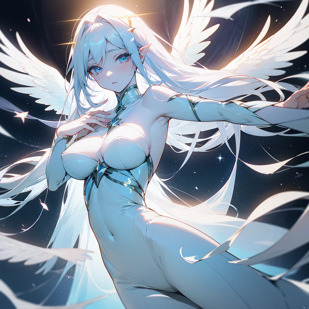 Aria is angel,seraphim with nine pairs of wings, exudes an ethereal beauty that is hard to ignore. Her snowy white wings span out behind her, casting an otherworldly glow over her entire form. Her pale skin with perfect body and big like melon breasts,perfect body curves.She has eyes like stars and flowing long hair silver-white hair