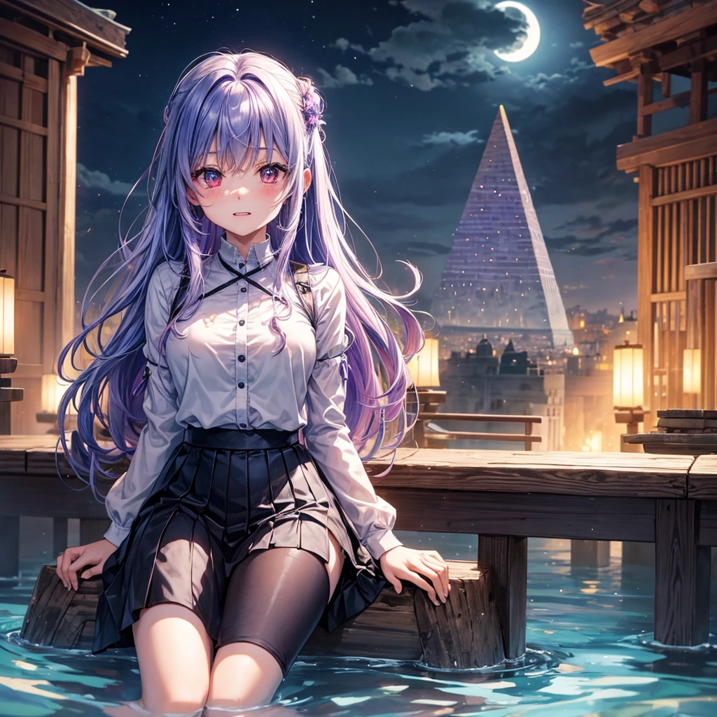 Blue-light purple hair、Red eyes、One cute girl、solo、And soul、Light clothing、Checked mini skirt、petal、Wet hair、Sit on、black t-shirts、Has a button、large tree、cloud、Red full moon、desert、barefoot、Stones are piled up、Teeth are visible、Secret Treasure、Wooden chair、Fortress City、water is gushing out、Tilting face、Hands together、pyramid、Chick