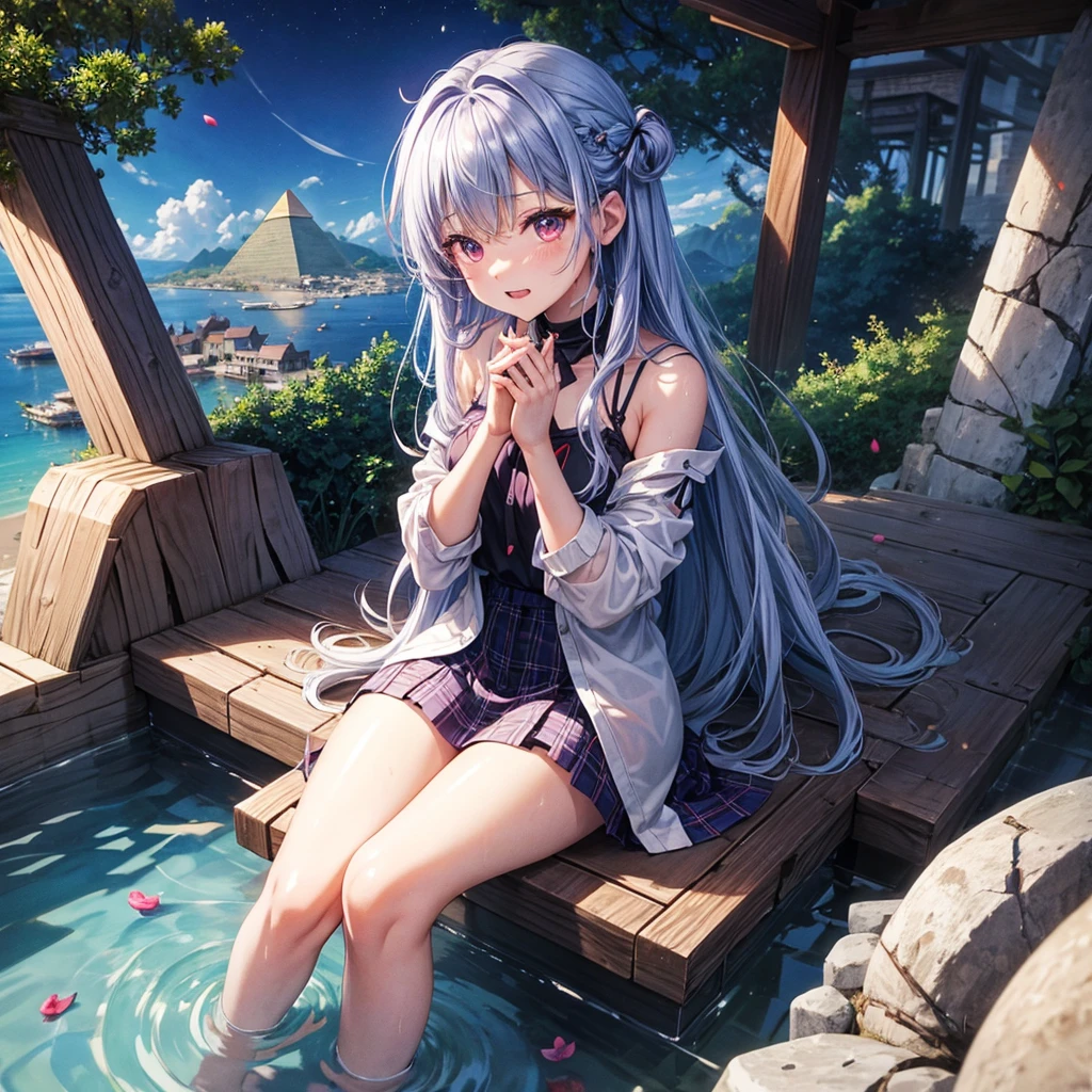 Blue-light purple hair、Red eyes、One cute girl、solo、And soul、Light clothing、Checked mini skirt、petal、Wet hair、Sit on、black t-shirts、Has a button、large tree、cloud、Red full moon、desert、barefoot、Stones are piled up、Teeth are visible、Secret Treasure、Wooden chair、Fortress City、water is gushing out、Tilting face、Hands together、pyramid、Chick