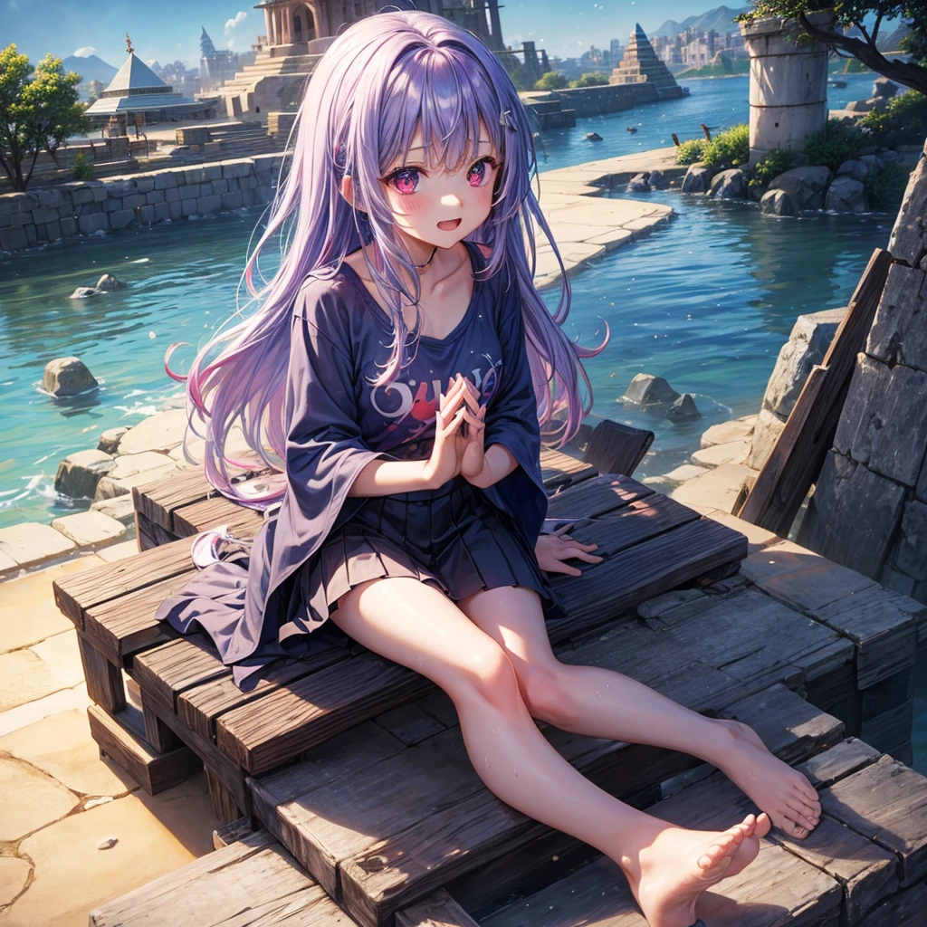 Blue-light purple hair、Red eyes、One cute girl、solo、And soul、Light clothing、Checked mini skirt、petal、Wet hair、Sit on、black t-shirts、Has a button、large tree、cloud、Red full moon、desert、barefoot、Stones are piled up、Teeth are visible、Secret Treasure、Wooden chair、Fortress City、water is gushing out、Tilting face、Hands together、pyramid、Chick