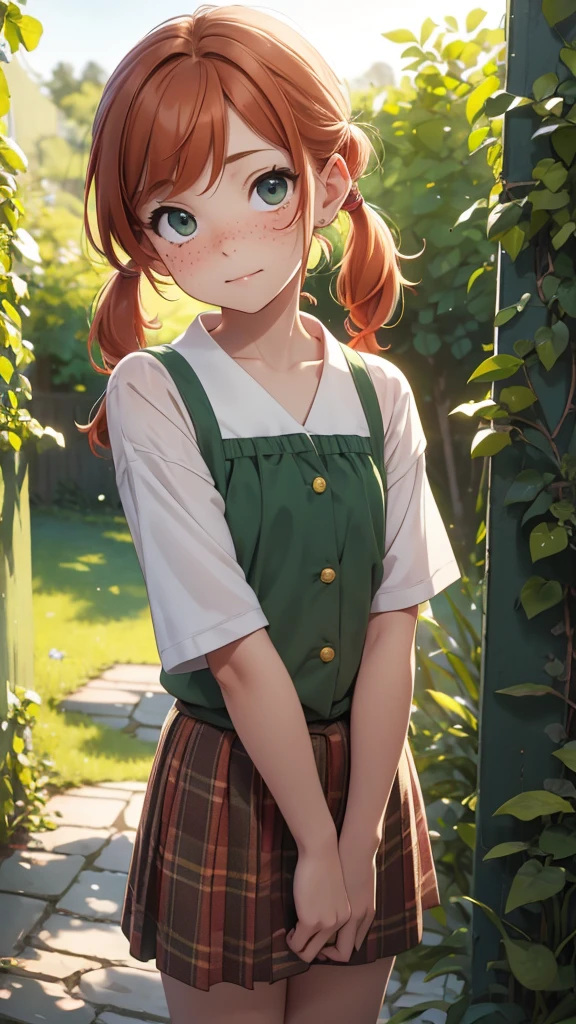 (masterpiece), (4k), )vivid colors), (evening light) e 11 rl with ginger hair, innocent face, freckles and 2 short green pigtails dressed as a flat chested girl