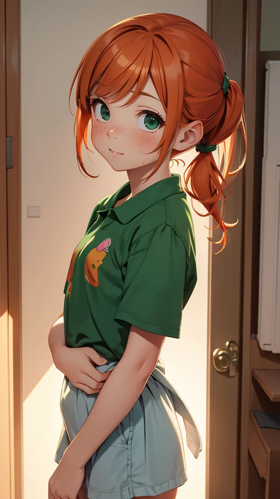 (masterpiece), (4k), )vivid colors), (evening light) Cute 11 year old girl with ginger hair, innocent face, freckles and 2 short green pigtails dressed as a flat chested girl