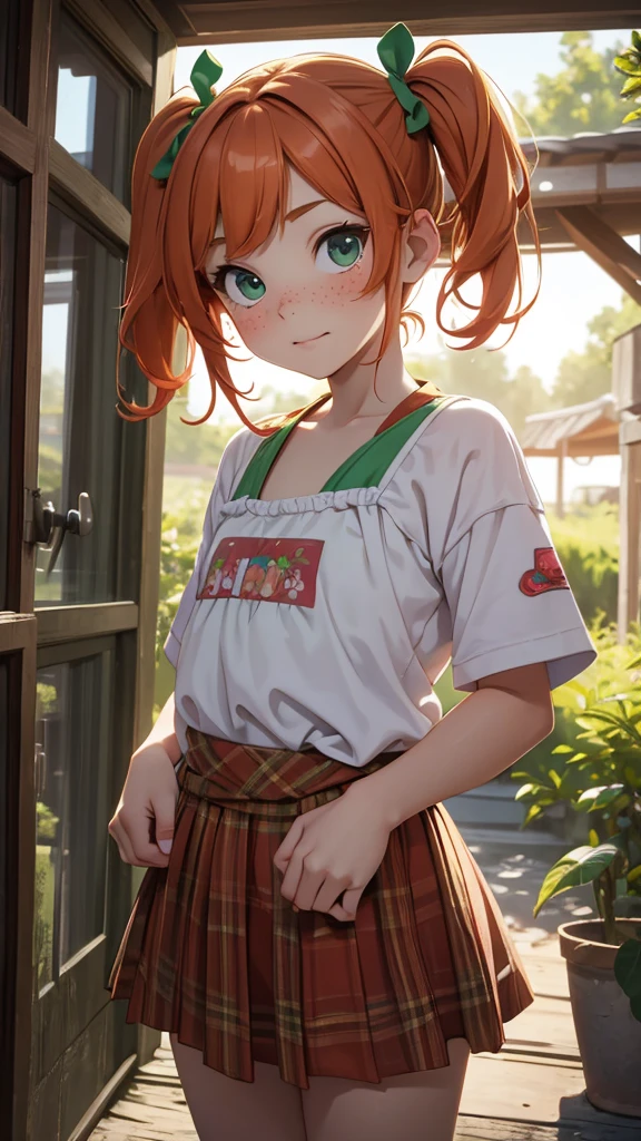 (masterpiece), (4k), )vivid colors), (evening light) Cute 11 year old girl with ginger hair, innocent face, freckles and 2 short green pigtails dressed as a flat chested girl