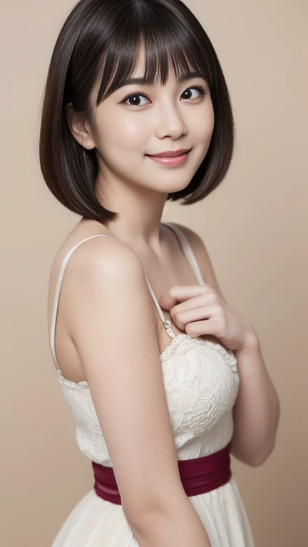 Upper body naked、No clothes、Short bob with neat bangs、Long neck、Beautiful collarbone、Shiny skin、Perfect body、Perfect Fingers、Perfect Arms、Perfect hands、Makes your face smaller、Please look closely at the camera、(Blank white background with nothing)、Perfect Anatomy、Very large breasts、Very large breasts、With your chest between your arms、Adult charm、smile、Embarrassed and laughing