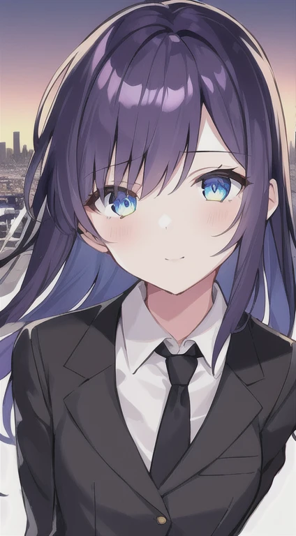 (One girl:1.3),alone,__Body parts__, 8K Unit Wallpaper, Super detailed, Face close-up, beautifully、aesthetic, nice, masterpiece, Highest quality, Great atmosphere, Calm palette, Quiet atmosphere, Soft Shading, , Dark aesthetic, Suit and tie、black leather shorts、And a black leather jacket, Tokyo city in the background, (Messy purple hair),