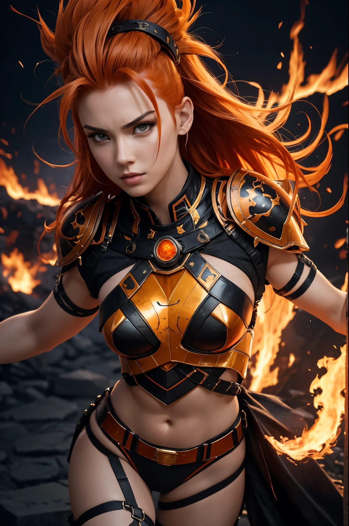 8k,American female fire goddess, With the energy of a 20-year-old.,Super Beauty(Like the real thing),Staring angrily at the audience.,Orange Mohawk Hair,Sexy orange and black large chest armor(Fire God&#39;s Emblem),Orange Flame Gauntlets(Fire God&#39;s Emblem),Orange Flame Leg Guards(Fire God&#39;s Emblem),Orange and black stripes and sun shorts(Fire God&#39;s Emblem),Slender and muscular lower body,A dark and desolate land,Photorealistic RAW photos of the highest quality。Bright colors,Rich colors, Backlight, Cinema Lighting, Film Grain, 50mm lens, Nikon D850,Realistic Skin,Fantasy art,Character Art,Ultra-high resolution,Realistic Skin,Raised muscles,A 20-year-old beauty who is the goddess of fire,Black Flame God Costume(Orange flame emblem filigree),Energy Man,Super Muscular Beauty,Very intense and strong abs,Top-down view,Dynamic fighting pose,Uplifting,Bright Red Eyes,American Woman,Bodybuilding,Fighting style,Martial Arts Posture,Amazing muscle beauty,