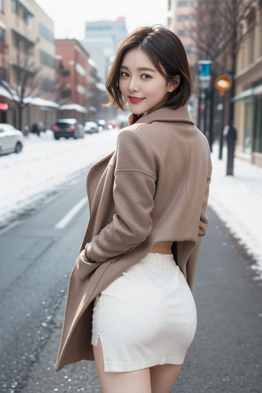 Highest quality, 4K, 8k, Detailed face, Clear Face, Cute Girls, Korean Makeup, Red lips, smile, Perfect body,Straight short hair to the shoulders,Small breasts,thigh,slim,thin, The girl is wearing a long, wide coat, Under the jacket was a top tube and pantyhose., Lower abdomen, Snow Scene, winter, street,Accentuate your butt、(Panty lines、Panty lines showing through the skirt:1.4),(skirt with deep slit,:1.3)、Butt-pushing posture