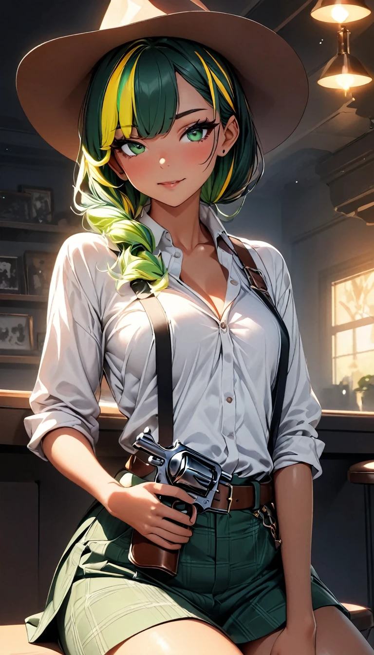 (highest quality:1.2, Very detailed, up to date, Vibrant, Ultra-high resolution, High Contrast, masterpiece:1.2, highest quality, Best aesthetics), Portraiture、solo, girl、(slim:1), (25-years-old), Cowgirl, Bright colors、Beautiful fine details、Beautiful lip detail、long hair、(wide-brimmed cowboy hat:1), low ponytail, white and yellow green ((streaked hair:1.6)), highlights hair: 1.5, (medium breast:1) , (tan skin:0.9), flannel shirt rolled up with red and black checkered patterns, button undone, suspenders, tight short skirt cowboy, revolver holster with revolver, belt with buckles, buckle, colt 45 old west revolver, brown cowboy hat, cowboy boots, sitting on top of the bar, inside the bar,((cowboy shot:1))