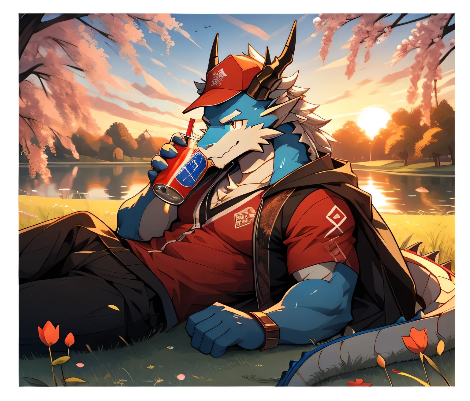 masterpiece,night,Anthropomorphic unicorns,one person,,male,26 years old,,Strong dragon horns and slender dragon whiskers(((Strong body))),(((NUDE,Red and white sportswear,coat,Blue sports cap))),full-body shot,Under the willow tree,(((Hold the soda))),(((Ready-to-drink)))Night,Sunset,Sweating,(((White hair))),Serious,Emotional Focus,For the audience,type,Smile,Meditation,Golden pupils,big eyes,Strong,Lying on the bed,Full body portrait,The light of sunset in the sky,Green Plants,grassland,Willow Branch,Flowers and Grass,(((background:郊外Under the willow tree1.5))),(((Detailed role description))),