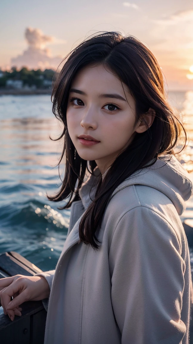  (8K, RAW photo, highest quality, masterpiece:1.3), (realistic, photo-realistic:1.4), (Highly detailed 8K wallpaper), sharp focus, Depth of written boundary, bokeh, silky smooth skin, ultra realistic, photorealistic, highest detailed eyes and face, extremely high resolution, 
 japanese idol,very cute, baby face,(coat:1.3),(long hair :1.3), Upper body, highly detailed face and eyes,((shiny skin:1.2)), cinematic lighting, soft light, blur background,( A serene morning seascape with the sunrise reflecting off the water, creating a sparkling effect. In the distance, small fishing boats can be seen, while closer to the shore, seashells are scattered across the sand. The sky is painted in soft shades of pink and orange, with a few clouds drifting by :1.2)