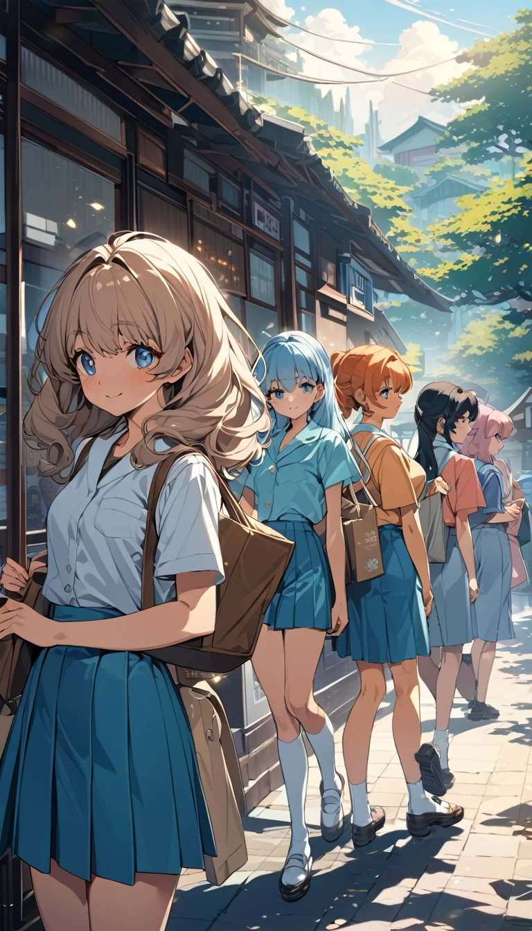 Highest quality, masterpiece, Four Girls, 80s Hairstyles, (Schoolgirl uniform,Sailor suit), smile, (Different hair colors, A different face), (Japanese school,On the way home from school,Go down the slope,Holding a bag in your hand), walk,Detailed skin texture, Detailed cloth texture, Detailed face, Detailed Hair, Super Detail, 8k, Intricate details, High resolution eyes, Mystical Eyes, Summer sunshine, Beautiful background, Anime of the Japan of the 80s, 