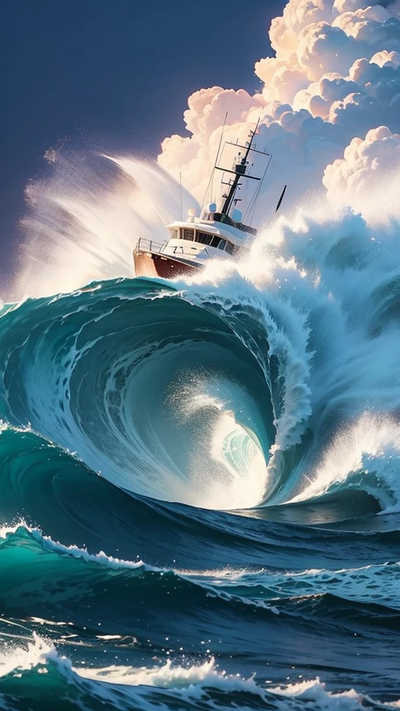 Luxury yacht during the storm with big waves and strong wind