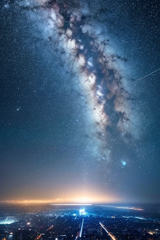Highest quality、Ultra high definition、Beautiful starry sky、In the foreground you can see the calm sea and beyond it the neon lights of the city.
