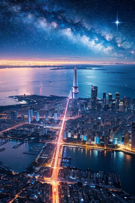 Highest quality、Ultra high definition、Beautiful starry sky、In the foreground you can see the calm sea and beyond it the neon lights of the city.