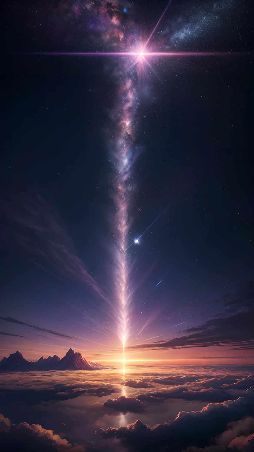 (8k, best quality, masterpiece, Final fantasy style: 1.2), (unrealistic, Reality: 1.37), Dreamy Landscape, fantasy, Unrealistic scenery, Very detailed, Flying Castle, Floating island in the air, Seven colors light vortex, Strong lightning, Milky Way, Complex lighting, Colored Light, Great Lake, Starry sky reflected in the lake, Countless shining stars, Meteor, Reflection , (A beam of light emanated from the ground:1,2),Paradise rose and orchid gardens , Sunset, rosy clouds, Sky Waterfall, Realistic style, Surrealism, fairies flying, A flying spaceship floating above the clouds, Burning skyscraper, ,
