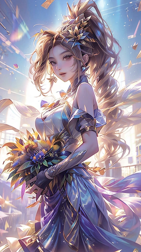 sunflower花田,20 years old,full of sunshine,splendid,sunflower女神(oriental goddess),Big breasts,Long hair ponytail,sunflower長身裙, hand basket,bouquet(sunflower),