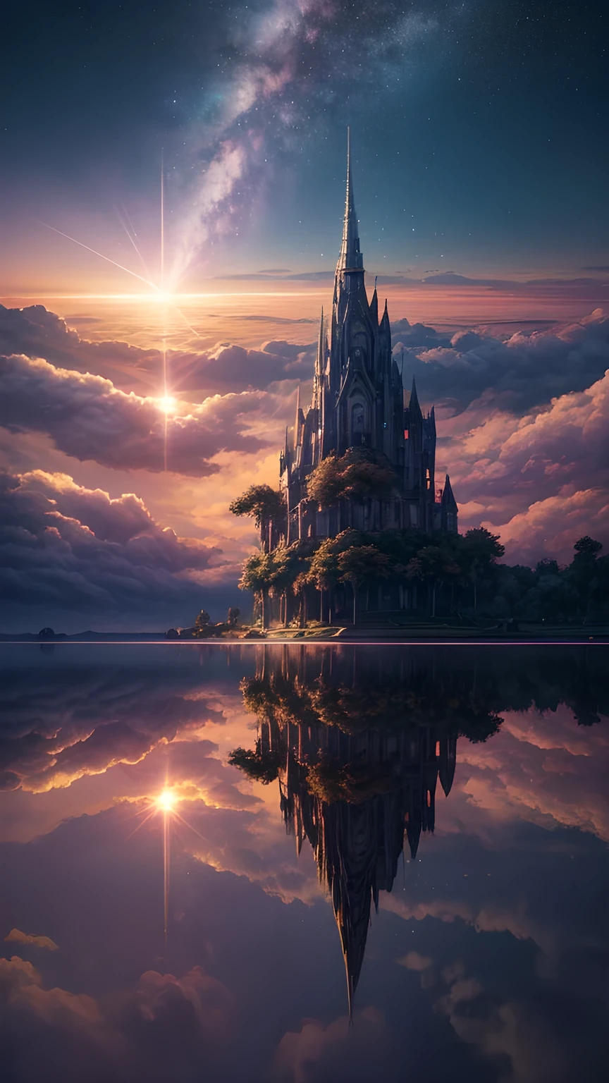 (8k, best quality, masterpiece, Final fantasy style: 1.2), (unrealistic, Reality: 1.37), Dreamy Landscape, fantasy, Unrealistic scenery, Very detailed, Flying Castle, Floating island in the air, Seven colors light vortex, Strong lightning, Milky Way, Complex lighting, Colored Light, Great Lake, Starry sky reflected in the lake, Countless shining stars, Meteor, Reflection , (A beam of light emanated from the ground:1,2),Paradise rose and orchid gardens , Sunset, rosy clouds, Sky Waterfall, Realistic style, Surrealism, fairies flying, A flying spaceship floating above the clouds, Burning skyscraper, ,