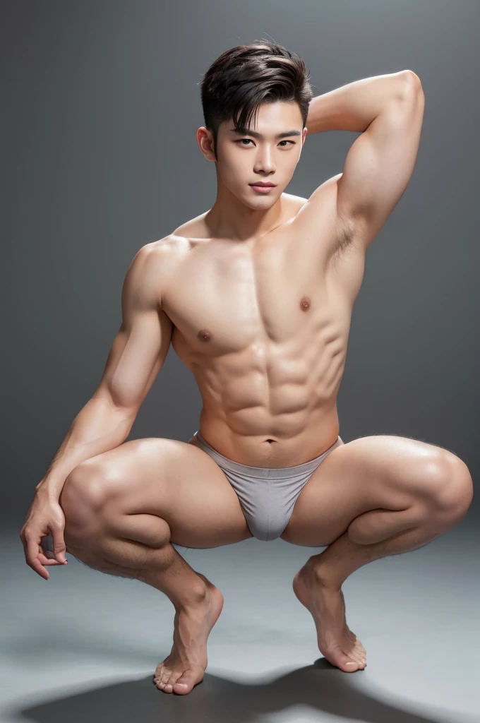 Japanese male model in micro thongs, G-string, lifted arms, spread legs, Full Body Shoot, Quiff haircut, look at camera, detailed facial parts, Manly, Charmer, Active Boy, stand in front of gray background, Freestyle Pose, squatting, Happy Expression, perfect anatomy, symmetric body, asian boy 19 years old, shirtless :: high detail, asian, a little six packs attractive body, realistic, human skin, Short Hairstyle, handsome chad chin, shirtless, handsome, attractive, masculine, sexually attractive, human skin, (eyes contact), Handsome, Attractive