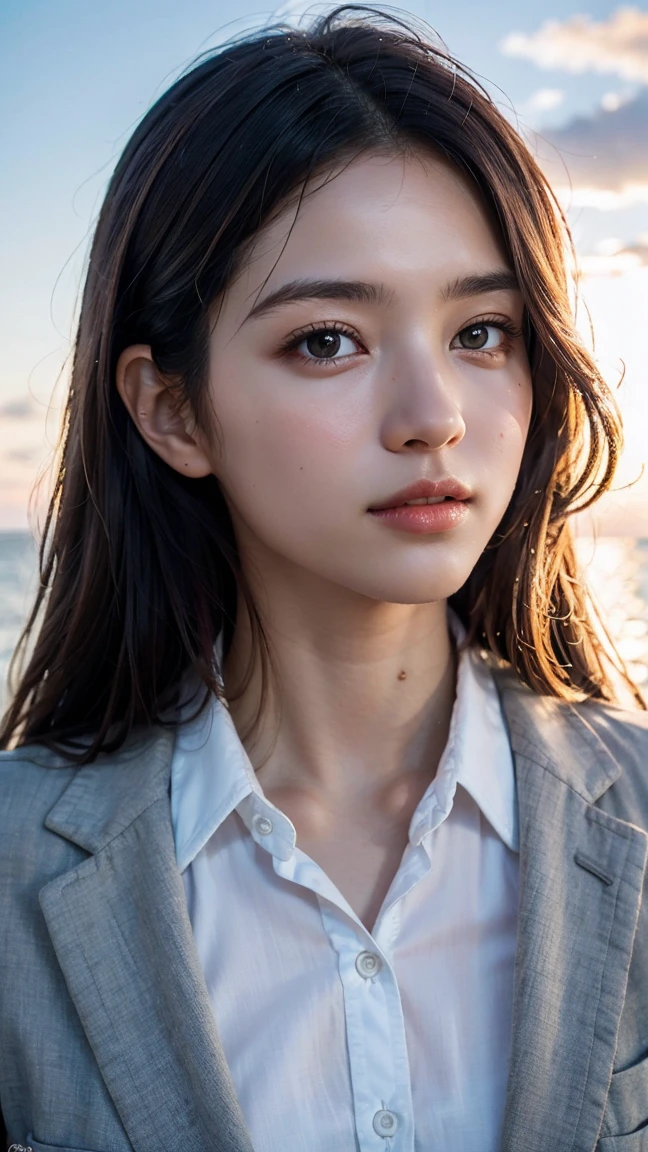  (8K, RAW photo, highest quality, masterpiece:1.3), (realistic, photo-realistic:1.4), (Highly detailed 8K wallpaper), sharp focus, Depth of written boundary, bokeh, silky smooth skin, ultra realistic, photorealistic, highest detailed eyes and face, extremely high resolution, 
 japanese idol,very cute, baby face,(coat:1.3),(long hair :1.3), Upper body, highly detailed face and eyes,((shiny skin:1.2)), cinematic lighting, soft light, blur background,( A serene morning seascape with the sunrise reflecting off the water, creating a sparkling effect. In the distance, small fishing boats can be seen, while closer to the shore, seashells are scattered across the sand. The sky is painted in soft shades of pink and orange, with a few clouds drifting by :1.2)