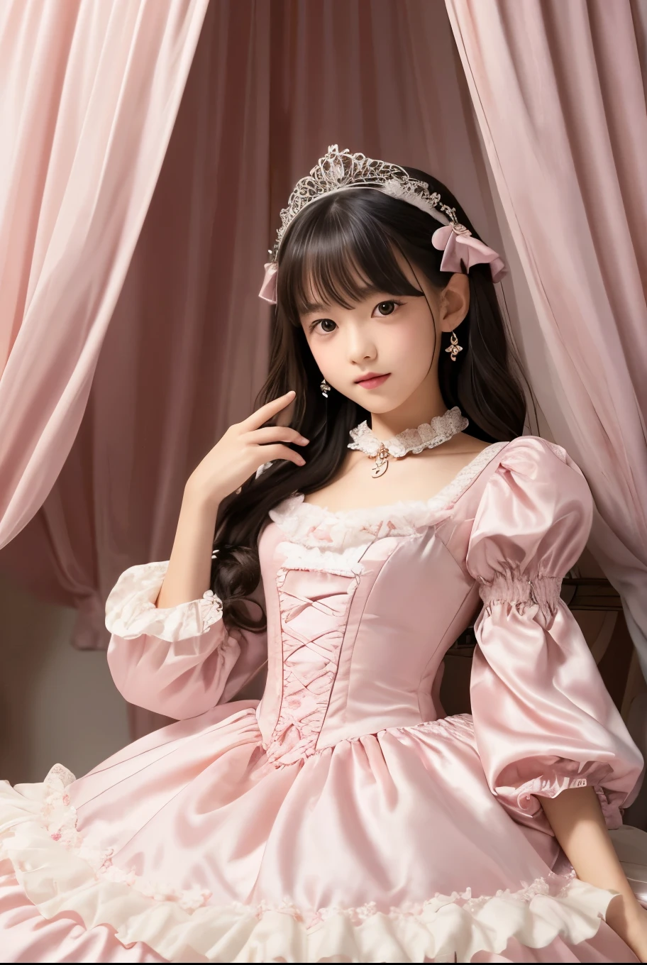 highest quality, masterpiece, highest resolution, artwork, super それにget used to it, many get used to it, get used to it, それにget used to it, 3k realistic pictures,,((12 year old )),Ultra-detailed juvenile face,ultra-detailed beautiful little girl princess,full length ball gown dress with hoop skirt,ruffled yoke collar,puff sleeves,long sleeve,((Lolita style light pintailed princess satin dress with lots of ruffles and ribbons)),Rococo style lolita fashion,shiny satinss,Soft and smooth fabric,detailed princess dress,luxury,long black hair,dark eyes,white skin Japanese,Pajama,((in the bedroom of the palace)),luxury princess canopy king size pink bed,shiny satin sheets,ultra-detailed princess bed,High-quality background,lot of frilled pillows,on the bed,
