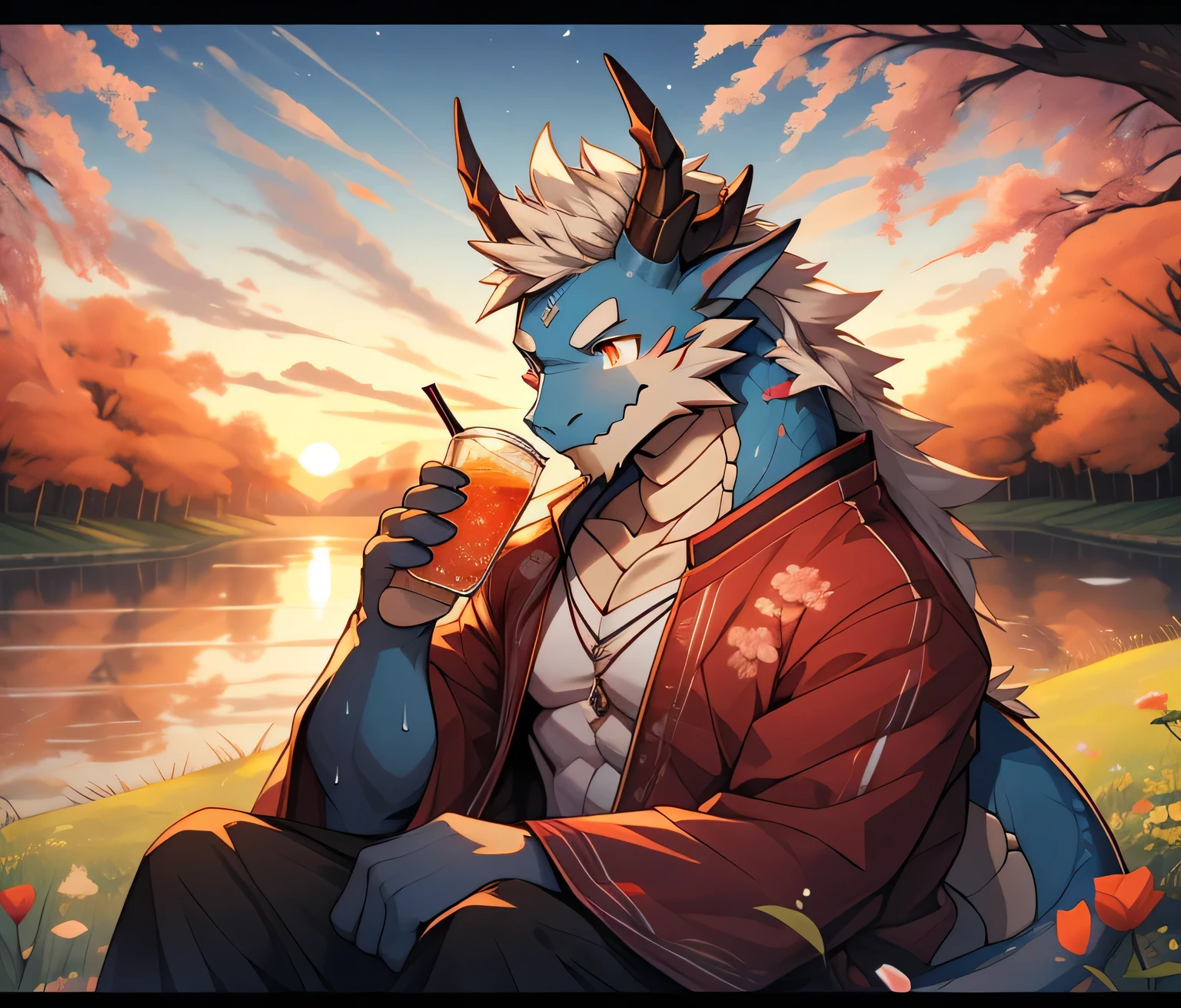 masterpiece,night,Anthropomorphic unicorns,one person,,male,26 years old,,Strong dragon horns and slender dragon whiskers(((Strong body))),(((NUDE,Red and white sportswear,coat,Blue sports cap))),full-body shot,Under the willow tree,(((Hold the soda))),(((Ready-to-drink)))Night,Sunset,Sweating,(((White hair))),Serious,Emotional Focus,For the audience,type,Smile,Meditation,Golden pupils,big eyes,Strong,Lying on the bed,Full body portrait,The light of sunset in the sky,Green Plants,grassland,Willow Branch,Flowers and Grass,(((background:郊外Under the willow tree1.5))),(((Detailed role description))),