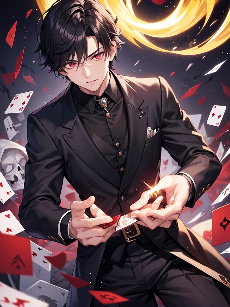 1 boy,handsome,black short hair, conjunctivitis, Side parted hairstyle, vampire, handsome, Elegant and charming magician，ruby eyes，short blonde hair，Emitting a bright light，Behind there were countless skeletons.，Scatter the cards down.，Anime，handsome，look good, stand, nighttime, Close-up photo,Ultra details, HD ulta