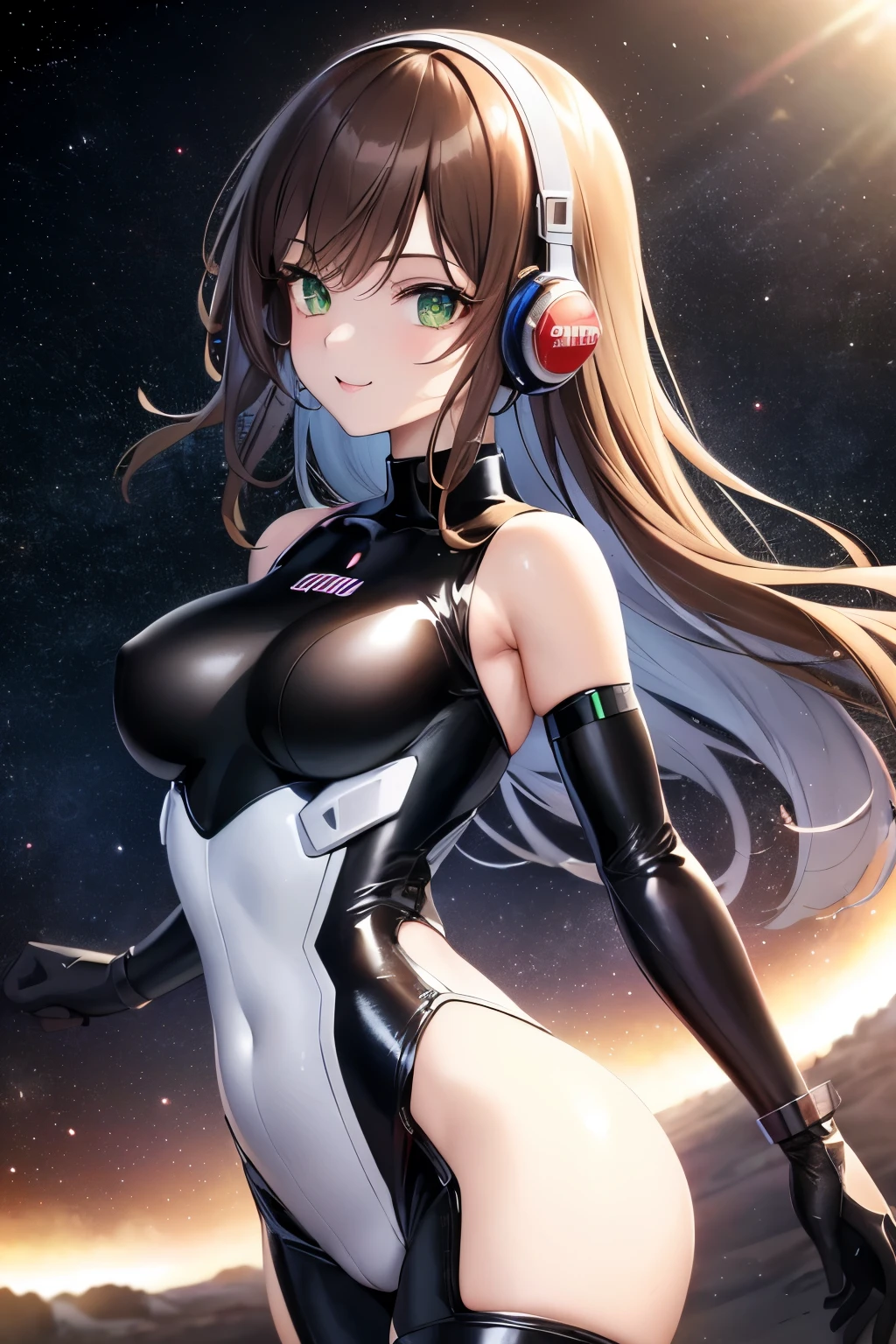 ((masterpiece, Highest quality, High resolution, 超High resolution, Pixel perfect, Written boundary depth, 4K, RTTX 10.0, High resolution))), 1 girl, single, alone, Beautiful Anime Girls, Beautiful art style, Anime characters, ((Shortcuts, bangs, Dark brown hair)), ((Green Eyes:1.4, Round eyes, Beautiful eyelashes, current eyes)), ((Smooth texture:0.75, Anime CG style)), Medium chest, ((Dynamic Angle, close)), Perfect body, (pretty girl), Beautiful girl with headphones, Sci-fi action set on Mars in the 2500s, A shiny black bodysuit, Complex patterns that emit light, smile, Background々It is a mechanical device that emits light of various colors., whole body, Dynamic Angle,