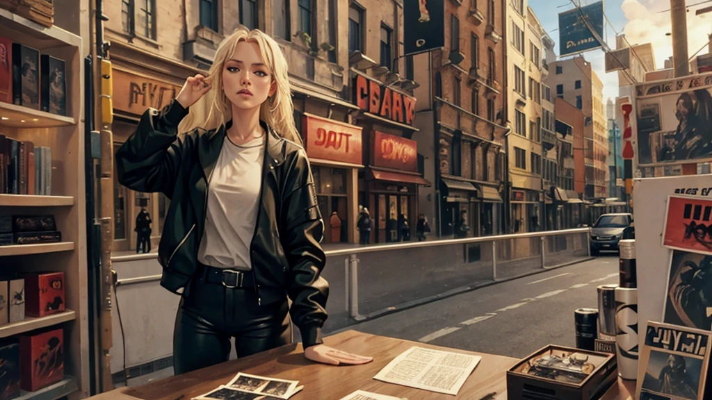 Accamary4, accmary4, beautiful woman, Model, Looking out of the corner of my eye, focus on his face, long platinum blonde hair, Dressed like a gang member, Looking out of the corner of my eye., masterpiece:1.2, Best Quality, ultra detailed., film shot, david cronenberg style, a mystical river, bank robbery movies, movie action scene, complex scene, clues of cronenberg, from a movie scene, promotional image of the movie, scene from a live action movie, full color still image, still film shot