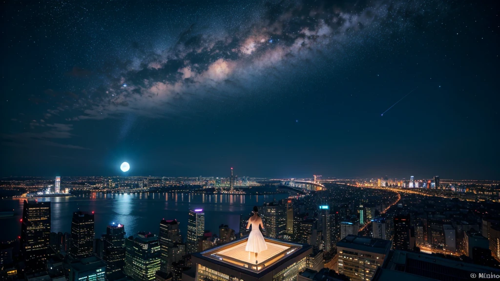 Wonderful landscape、Highest quality、Cityscape、Including sky、Starry Sky、night、Big Moon、Moonlit cityscape、building、There are no people, Makoto Shinkai's Worldview, 8K quality, Neon glows, Breathtakingly beautiful scenery,