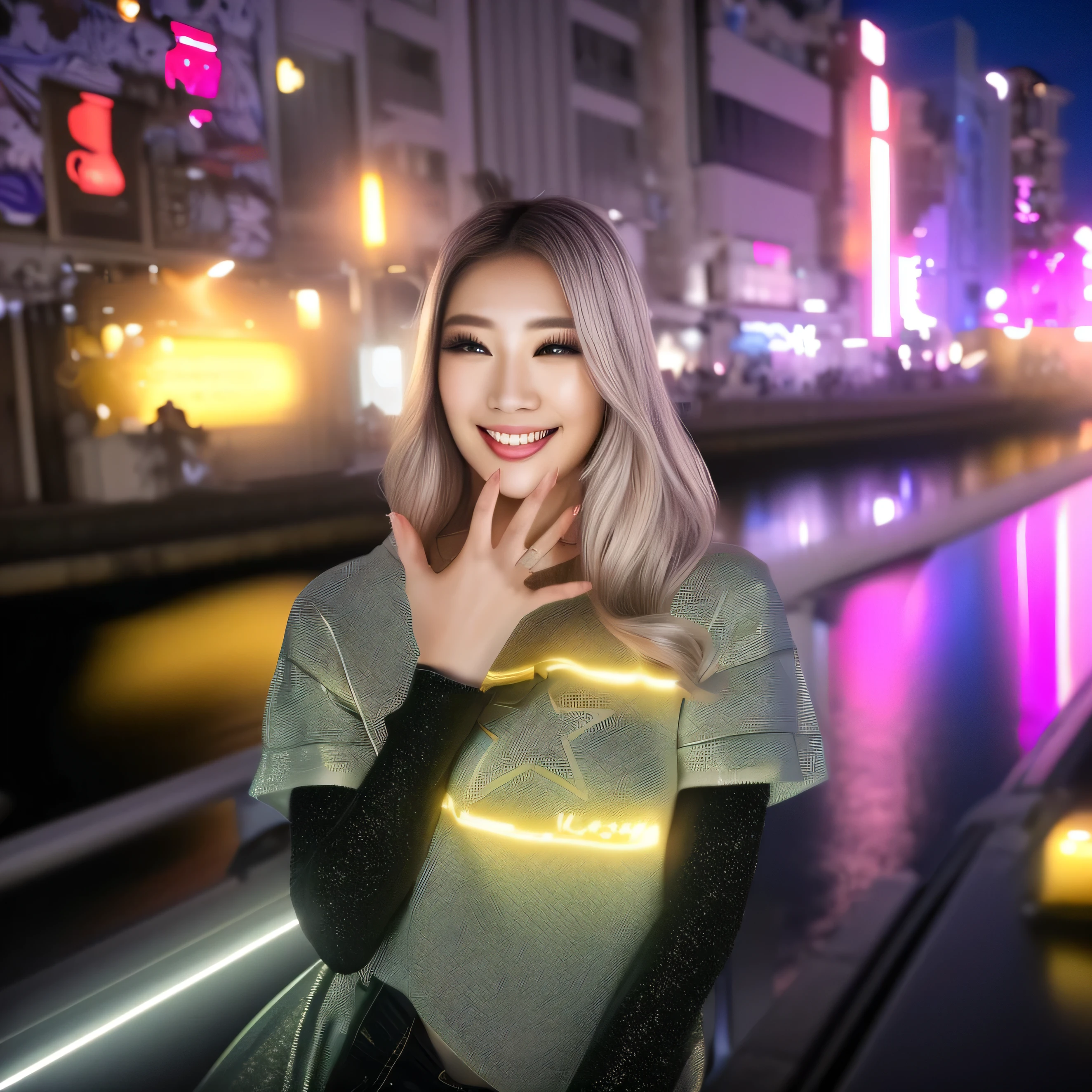 ((Highest quality)), ((masterpiece)), (detailed), Ultra-realistic、Hyperrealistic、Anatomically correct、Photo-like texture、Osaka downtown、Portrait、The neon lights are reflected on the surface of the river, creating a beautiful sight.、One girl, He is wearing a long-sleeved T-shirt with a glittery, glittery pattern., Upper body close-up、Spread your five fingers wide and straight「Par」It is creating the shape of、Darker gal makeup、Thick lips、Long eyelashes、Darker eye shadow、Beautiful, glowing, fair skin、She is laughing so happily、セクシーなThick lips、Silver Hair、