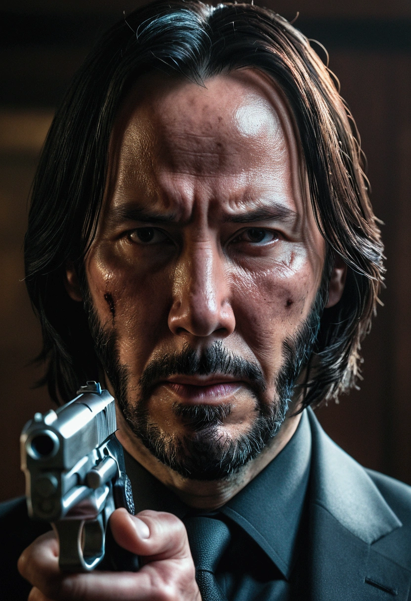 a highly detailed close-up portrait of john wick holding a handgun, extremely detailed face, piercing eyes, intense expression, dramatic lighting, cinematic, dark and gritty, realistic, 8k, high resolution, photorealistic, chiaroscuro, muted color palette, dramatic shadows, moody atmosphere