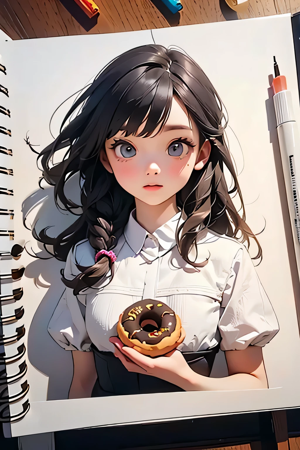 (masterpiece, best quality, super detailed, beautiful details eyes, Clean and delicate face), line-drawing, monochromes, illustration, sketchbook art, sketchbook and a piece of donut on a plate nearby the sketchbook, 1 girl in the sketchbook, solo, She pops out of the sketchbook in 3D and eat the real donut, ARW