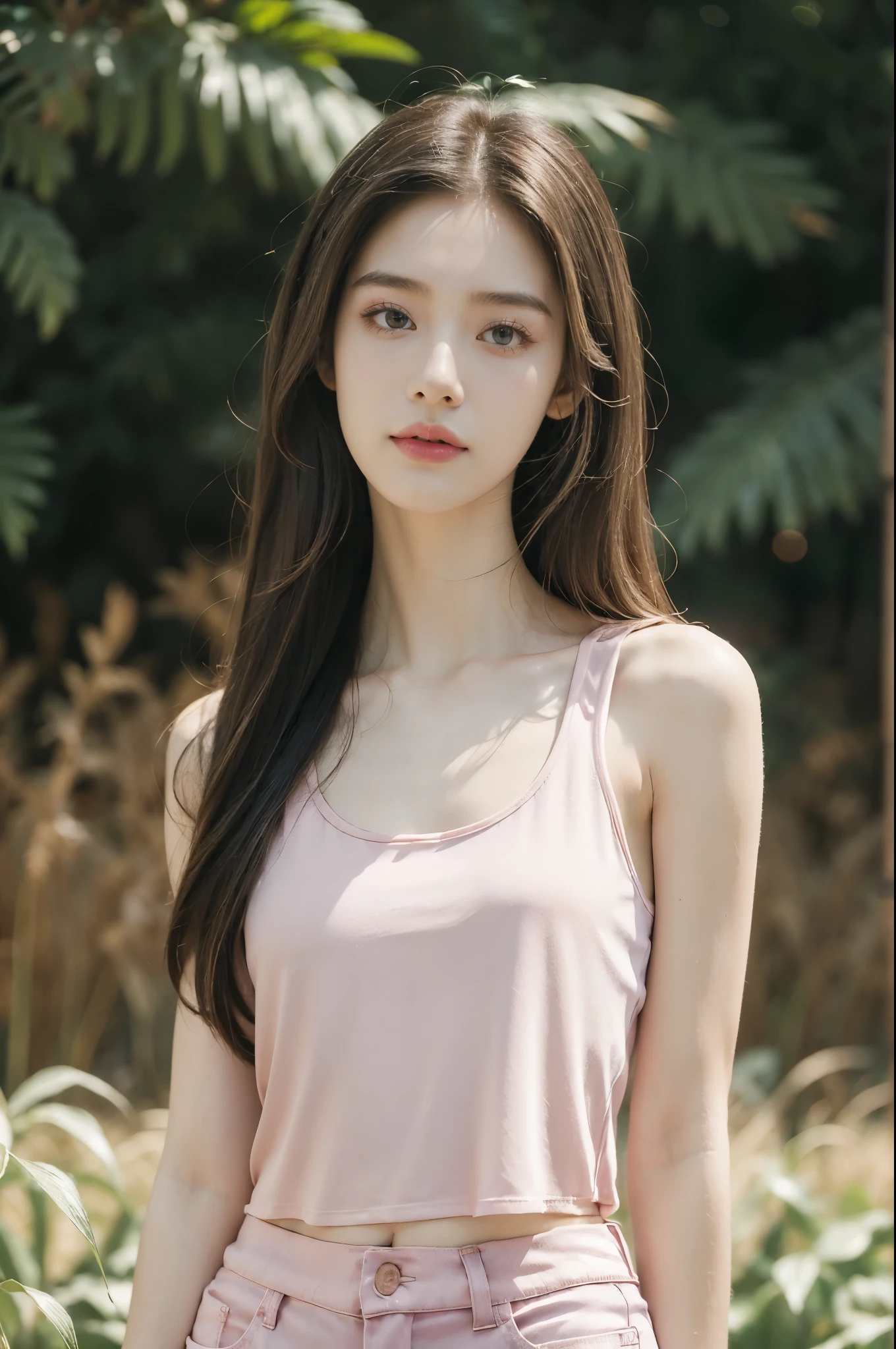 (((best quality))),(((ultra detailed))),(((masterpiece))),illustration,((1 beautiful girl,solo)),((slim,thin)),((small breasts,flat chest)),((summer afternoon)),(standing:1.3),(in cornfield:1.3), (hotpink tank top:1.3),(hotpink shorts:1.2),(slender legs:1.2),delicate,(medium straight hair:1.2), radiant smile, vibrant atmosphere, elegance, grace,fresh and cool,towering stalks, densely packed, soothing melody, serene and peaceful, hustle and bustle,majesty, harmoniously, essence of summer, tranquility, relaxation, peacefulness of nature,((from front,upper body))