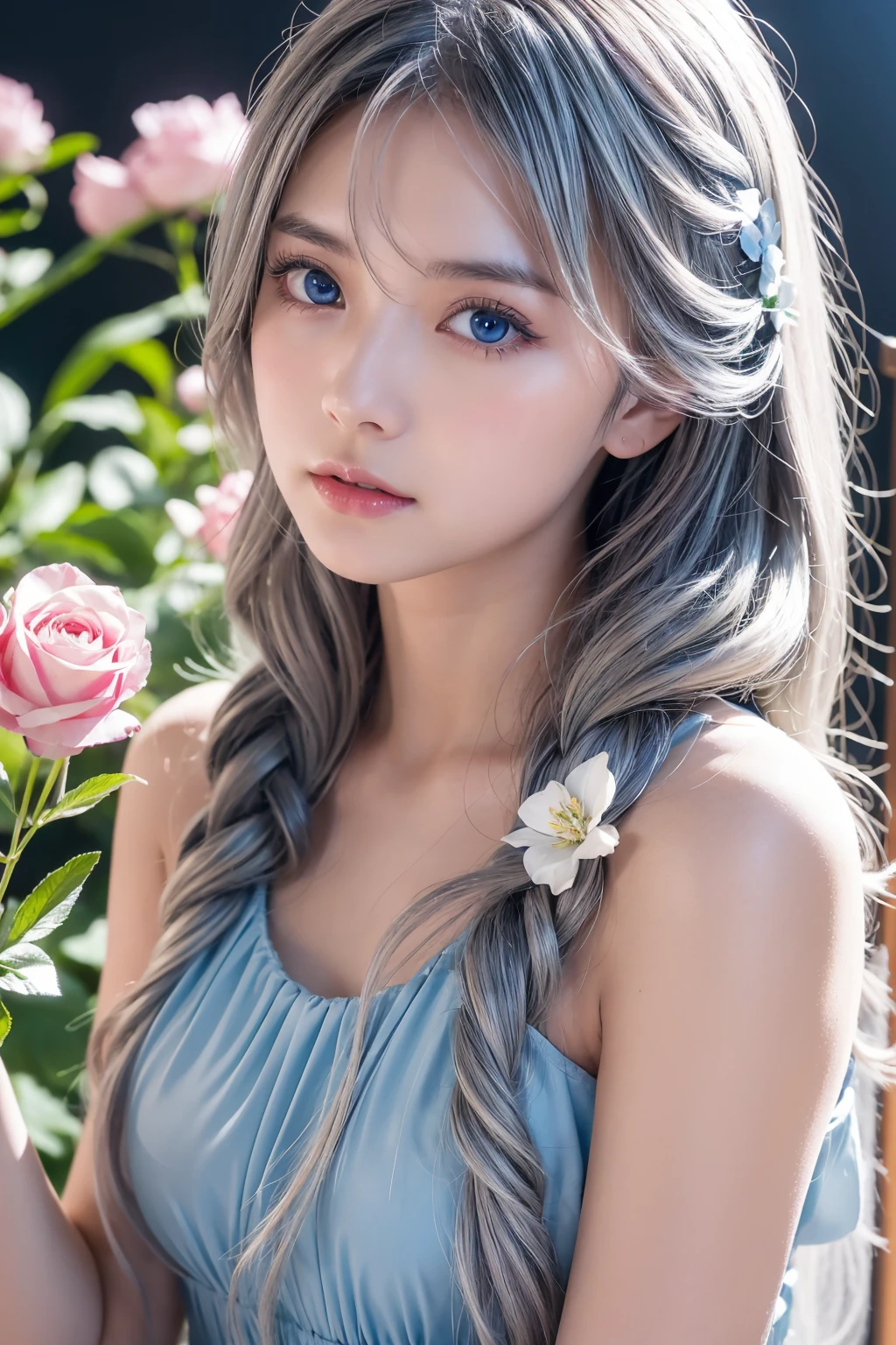 (more than),Dynamic Angle,Very detailed, shape, direct, 1 girl, (fantasy:1.4), (Light blue eyes:1.233),Her eyes shone like Like a dream stars,(Glowing eyes:1.233),(Beautiful and delicate eyes:1.1),(Silver Hair:1.14),(Messy hair,Very long hair,French Braid,Hair between the eyes,Side lock), (+(flower:1.14)),(Chiffon Dress,青いflower柄)/=(:1.24),(University Teachers&#39;No sleeves used,Wide sleeves),(Gloves),necklace,(Micony High Socks),high-heel boots,(Awkward),(stubborn), (Located in the old White House、Princess bedroom with dressing table and floor-to-ceiling windows),(白いflower,bloom),(dark blue world tree:1.14),(What&#39;Keep),(night:1.2),Like a dream,soul,(Fluorescence), [[Slender fingers and hands:0.55]::0.85],(Finger details),(Soup Dumplings:0.5)、Berettis、18 years old、Large Breasts, best quality, Very detailed, Beautiful Lights, Beautiful scenery, Mild hot flashes, Smile, ((masterpiece)), (Japanese cartoons:1.5), ((best quality)), (RAW photos: 1.2), (Professional photography:1.2), whole body, 8K, from the side, Wide-angle lens,(超巨Large Breasts:1.2)