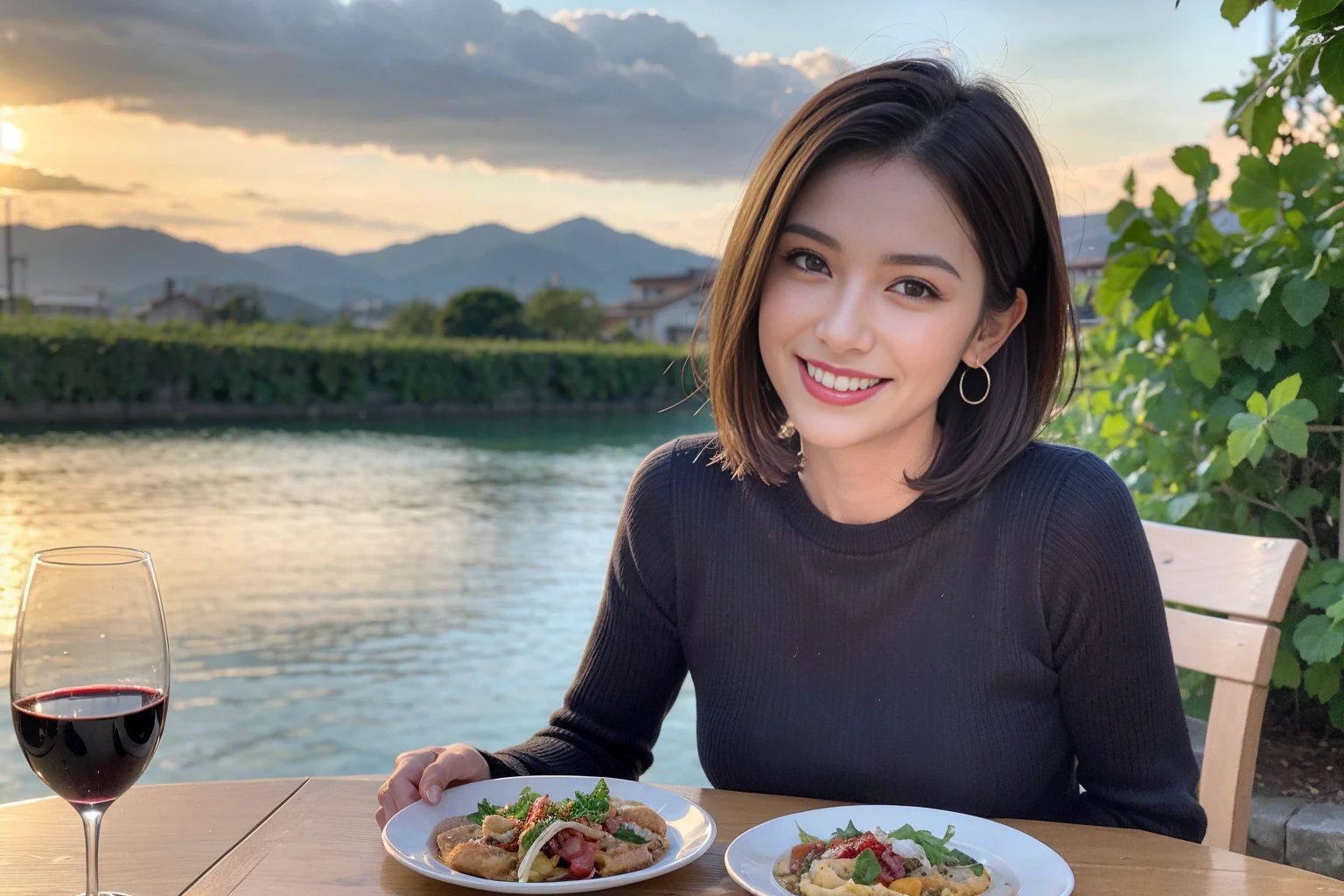 (Realistic:1.1),(masterpiece,Highest quality),8k,(49 years old), 53 years old, slimカップル、Tight waist,Upper Body,full-course dinner、wine 、Amazing view of the sunset sky and clouds、Perfect Anatomy, Brown Hair, short hair,Random Hairstyles,((Highly detailed face and eyes:1.2)),Perfect golden ratio face,Long sleeve shirt、dress,(smile:1.2)、Shortcuts、cute、(Realistic, Intricate details:1.2), A bright smile、short hair,Bright Face、赤wine 、Appetizers、Italian food、wine bottle、Champagne、スパークリングwine、(slimな顔), (The body is slim), (Brown Hair), (Shortcuts), Upper Body, 白wine, slim, wineグラス,