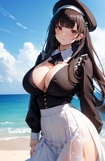 (masterpiece:1.3), (最high quality:1.3), (ultra-detailed), (high quality:1.3), (High resolution), beautiful_detailed_face, One girl, alone, beret, Black Hair, Straight long hair, Hair Clip, Large Breasts, White collared shirt, Black underbust, White long skirt, Brown eyes, Beach
,Big Breasts