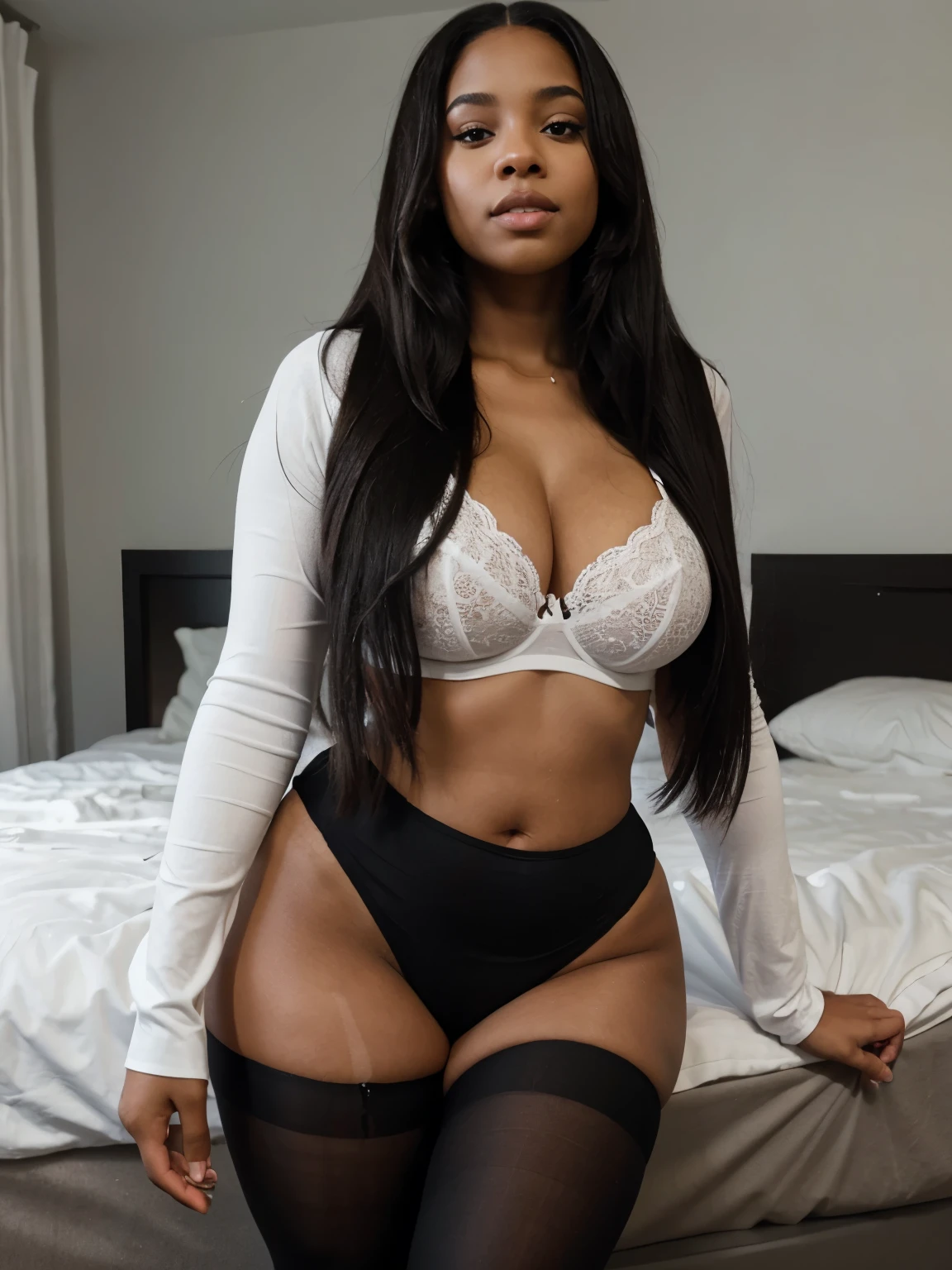 Mixed black ethnicity, curvy girl, long straight hair, wearing white and black lingerie and tights