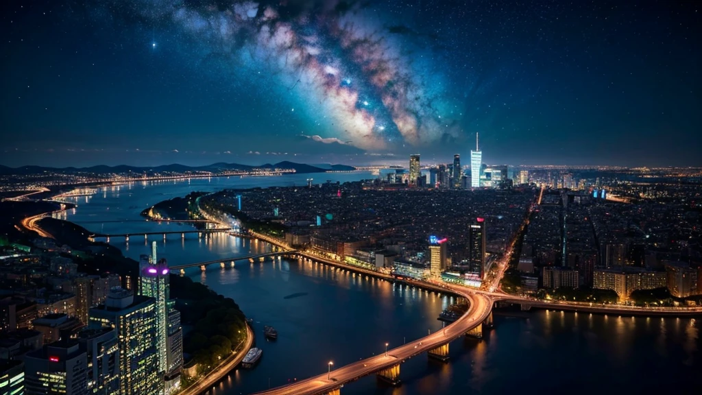 Wonderful landscape、Highest quality、Cityscape、Including sky、Starry Sky、night、Big Moon、Moonlit cityscape、building、There are no people, Makoto Shinkai's Worldview, 8K quality, Neon glows, Breathtakingly beautiful scenery,