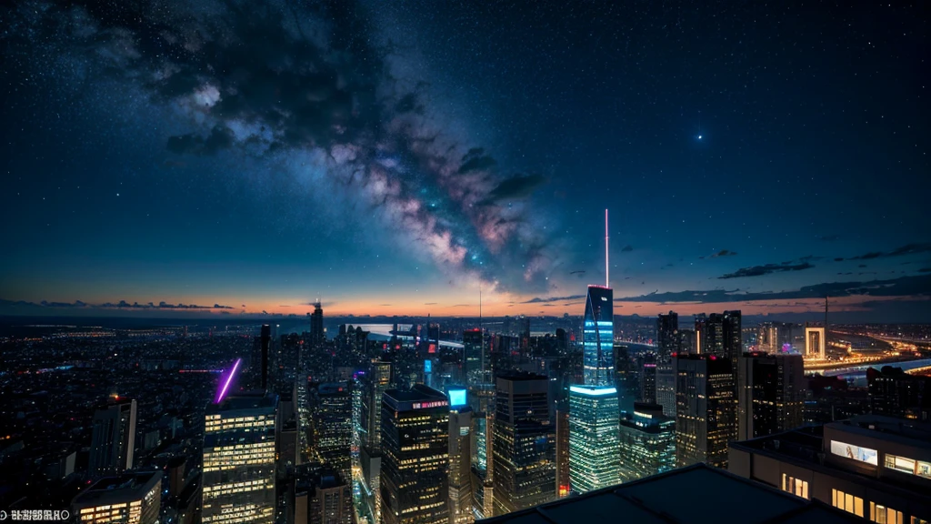 Wonderful landscape、Highest quality、Cityscape、Including sky、Starry Sky、night、Big Moon、Moonlit cityscape、building、There are no people, Makoto Shinkai's Worldview, 8K quality, Neon glows, Breathtakingly beautiful scenery,