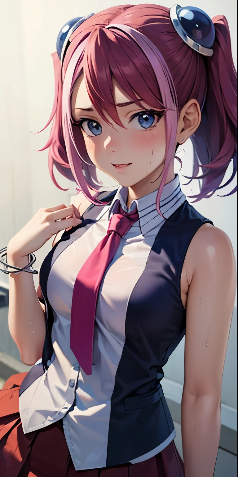 1 Female,High definition,high resolution,Ultra-realistic,8K, hy1, hair ornament, multicolored hair, necktie, skirt, sleeveless, , pink skirt, tight skirt,miniskirt, jewelry,European,sexy,Upper body close-up,Photographed from the front,Dynamic Angles,blush, medium , happy, wink the eye,facial, sweat,multicolored hair 