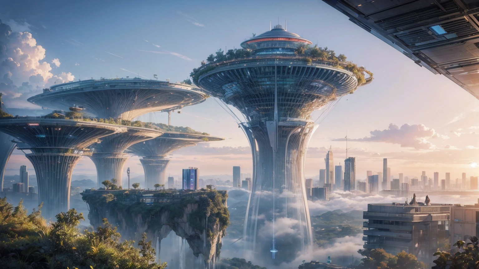 (Best quality,4K,8K,A high resolution,Masterpiece:1.2),Ultra-detailed,(Realistic,Photorealistic,photo-realistic:1.37),Futuristic floating city,Futuristic technology,Huge urban high-tech tablet platform,Airship,Floating in the sky,Futuristic city,Small airships around,High-tech hemispherical platform,Colorful lights,Advanced architecture,modernn architecture,skyscrapper,Access the cloud,Scenic beauty,view over city,Impressive design,Blend seamlessly with nature,energetic and vibrant atmosphere,Futuristic transportation system,Parking is suspended,Transparent path,Lush greenery,Sky gardens,cascading waterfalls,Magnificent skyline,reflections on the water,Sparkling river,Architectural innovation,futuristic skyscrapers,Transparent dome,The shape of the building is unusual,Elevated walkway,Impressive skyline,Glowing lights,Futuristic technology,Minimalist design,Scenic spots,Panoramic view,Cloud Piercing Tower,Vibrant colors,epic sunrise,epic sunset,Dazzling light display,magical ambiance,The future city,Urban Utopia,LuxuryLifestyle,Innovative energy,sustainable development,Smart city technology,Advanced infrastructure,Tranquil atmosphere,Nature and technology live in harmony,Awesome cityscape,Unprecedented urban planning,Architecture connects seamlessly with nature,High-tech metropolis,A cutting-edge engineering marvel,The future of urban living,Visionary architectural concept,Energy-efficient buildings,Harmony with the environment,A city floating above the clouds,Utopian dreams become reality,The possibilities are endless,State-of-the-art transportation network,Green energy integration,Innovative materials,Impressive holographic display,Advanced communication system,Breathtaking aerial view,Quiet and peaceful environment,Modernist aesthetics,Ethereal beauty